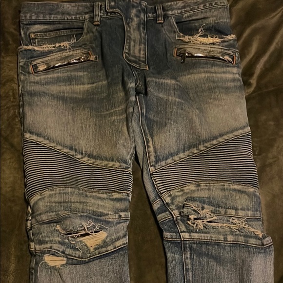 Men's Distressed Blue Jeans Biker Balmains - Picture 1 of 6
